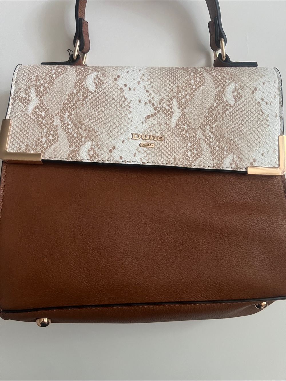Dune London Brown & Cream Snakeskin-Effect Top Handle Satchel